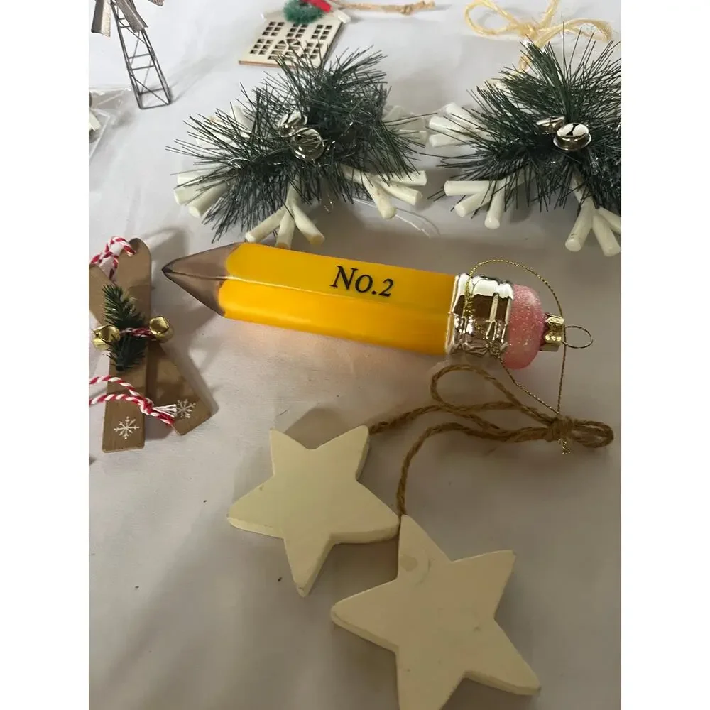 Christmas Ornament Lot Farmhouse Glass Pencil Metal Windmill Wood Stars Wreath